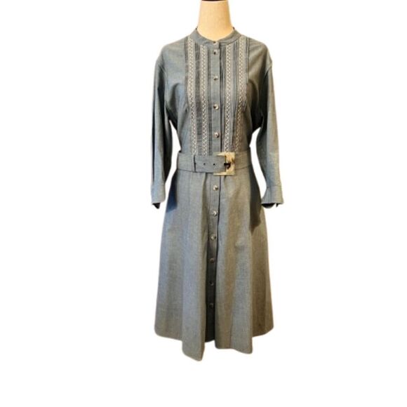 NWOT Lafayette 148 Embroidered Cotton Chambray Midi Shirtdress Shirt Dress 10 - Picture 1 of 5